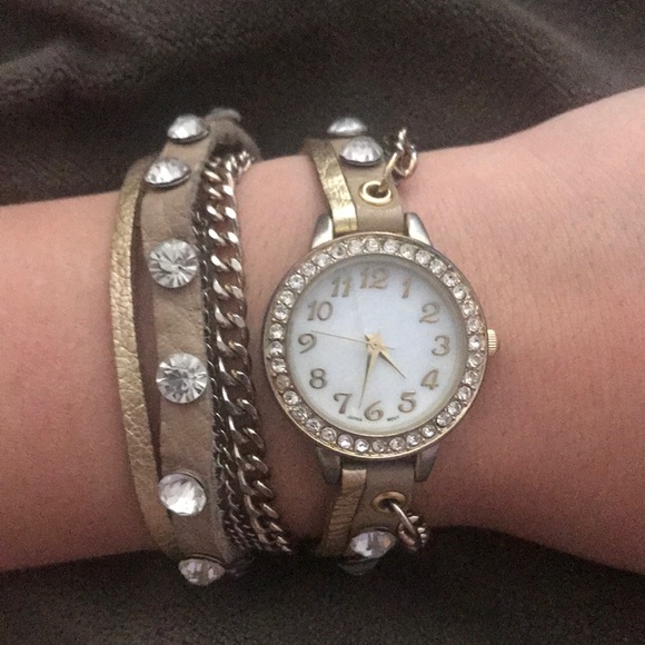 Wrap Around Gold Watch with Rhinestones - Picture 1 of 5